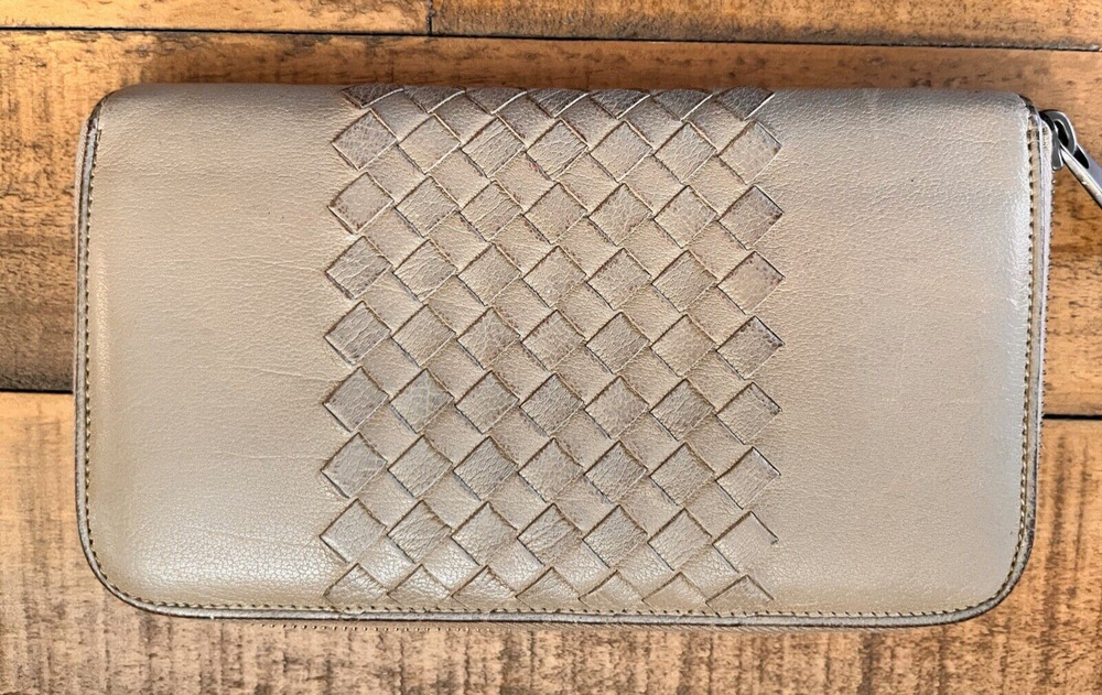 Bottega Veneta Intrecciato Zip Around Long Leather Wallet Taupe/Gray